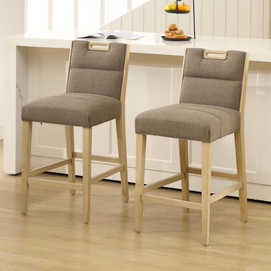 chairus Barkrukken, set van 2 keukenkrukken, in linnen, gestoffeerde ontbijtbarstoelen met houten poten, kaki - QUORE