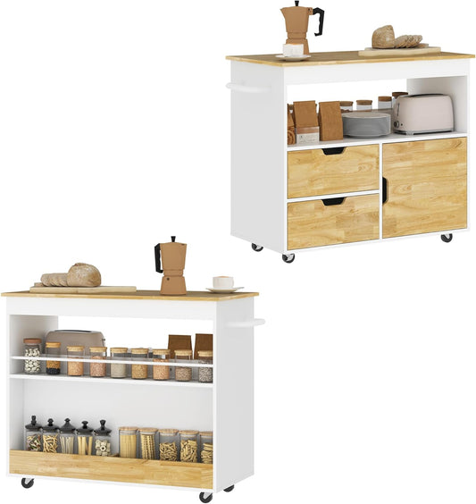 Keukenwagen – Serveerwagen – Keukentrolley – Werkbladwagen – Opbergwagen – Rubbenhouten Werkblad 100x50 cm – Soft-Close Deur & 360° Draaibare Wieltjes