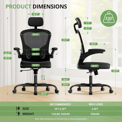 Synorla Bureaustoel, ergonomische bureaustoel met 350 lb-capaciteit, computerstoelen met hoge rugleuning voor lange uren, comfortabel, 360° rollende draaibare bureaustoelen voor thuis met verstelbare