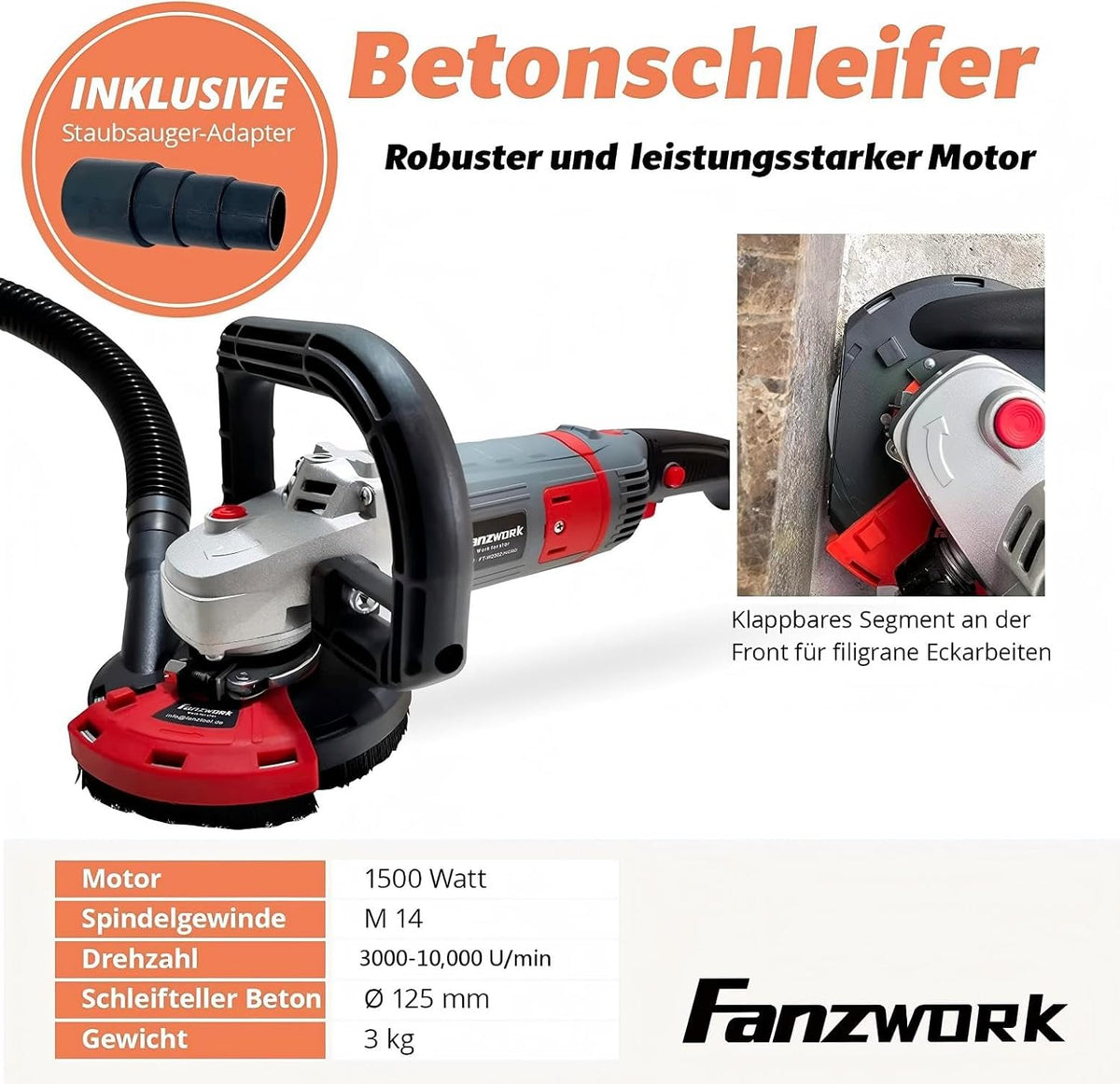 FANZTOOL Betonschuurmachine, betonfreesset met diamantslijpkop en afzuigkap (1500W/125 mm+)