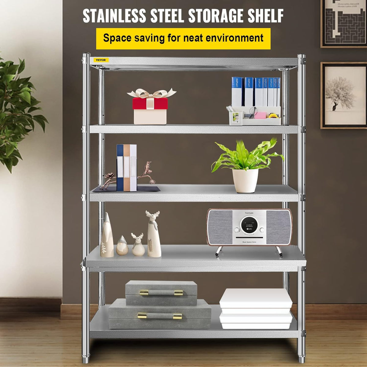 VEVOR Stainless Steel Shelving 48x18.5 Inch 5 Tier Adjustable Shelf Storage Unit Stainless Steel Heavy Duty Racks for Kitchen Commercial Office Garage Storage 350 Lbs Per Shelf