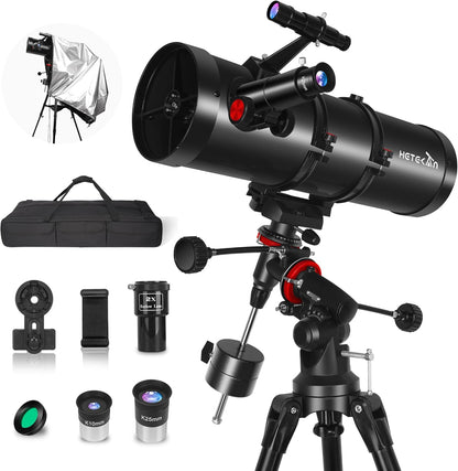 Reflector telescoop 150EQ voor volwassenen en beginners, professionele astronomische telescoop met equatoriaal frame, smartphonehouder, statief, stofhoes en draagtas