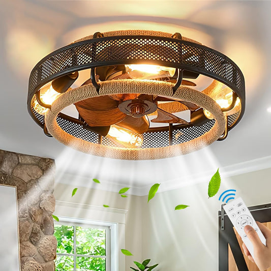 Plafondventilatorlamp met afstandsbediening, retro industriële plafondventilator met licht, E27 vintage gekooide plafondventilator, 6 snelheden, stille plafondlamp met ventilator voor slaapkamer