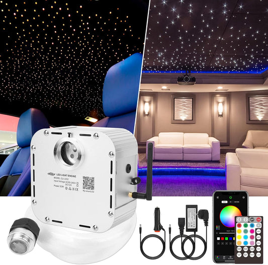CHINLY Bluetooth 32W RGBW Twinkle LED Fiber Optic Star plafondlampen kit APP/afstandsbediening Gemengd 710 stuks*(0,75+1,0+1,5+2,0mm)*4m+10 kristallen voor thuis/auto