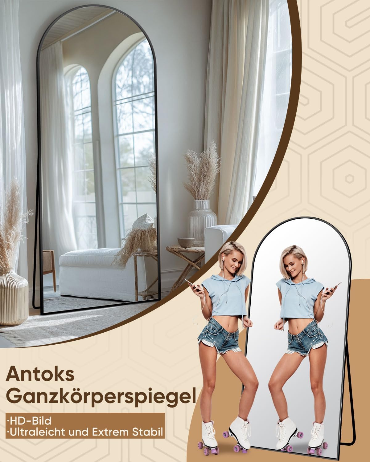 Vloerspiegel – Staande Spiegel – Wandspiegel – Lengtespiegel – Volledige Lengte Spiegel – Zwart Aluminium Frame – Onbreekbaar Glas – 180 x 66 cm – Gebogen Design