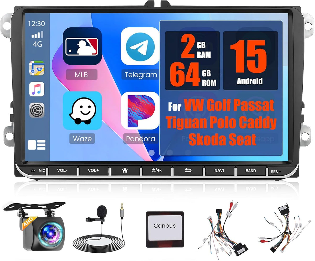 Inefala autoradio voor VW Golf Passat Tiguan Polo Caddy Skoda Seat Android 15 2G+64G, draadloos CarPlay & Android Auto, 9" radio 2DIN met GPS/WiFi/Bluetooth/USB/RDS/FM-MIC, achteruitrijcamera