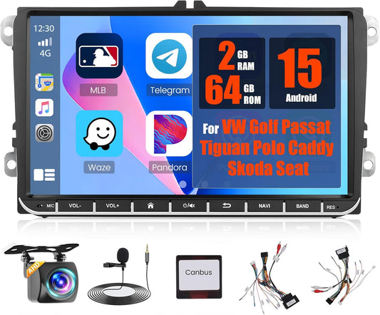 Inefala autoradio voor VW Golf Passat Tiguan Polo Caddy Skoda Seat Android 15 2G+64G, draadloos CarPlay & Android Auto, 9" radio 2DIN met GPS/WiFi/Bluetooth/USB/RDS/FM-MIC, achteruitrijcamera