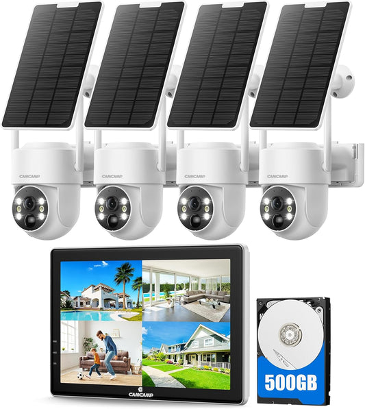 Camcamp Bewakingscameraset op zonne-energie met 10 inch monitor en 500 GB harde schijf, 2K PTZ zonnecamera voor buiten wifi, 10 CH NVR, HDMI-uitgang, kleurnachtzicht, PIR-bewegingsdetectie, 2-weg