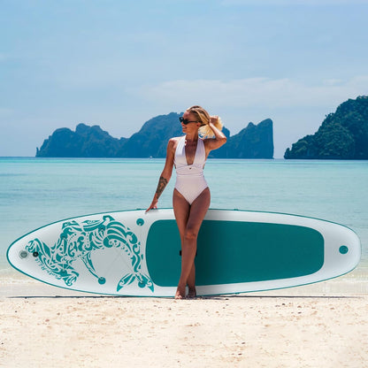 FEATH-R-LITE Opblaasbaar stand-up paddleboard, surfplank, SUP, compleet paddleboard, accessoires, verstelbare peddel, pomp, ISUP reisrugzak, paddleboard voor volwassenen (Groen en wit)