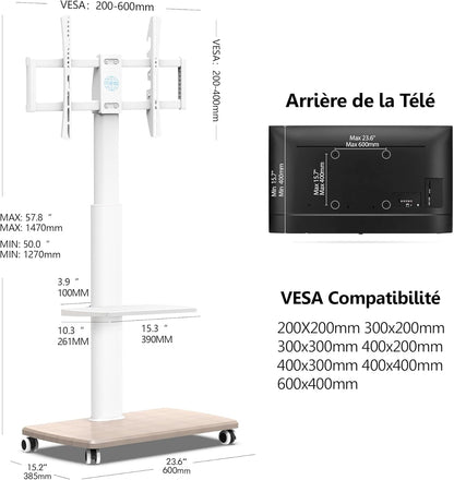 TV Standaard Verrijdbaar Wit – TV Trolley – TV Vloerstandaard – TV Stand Op Wielen – Mobiele TV Standaard – Geschikt Voor 32 Tot 70 Inch – Draaibaar En In Hoogte Verstelbaar