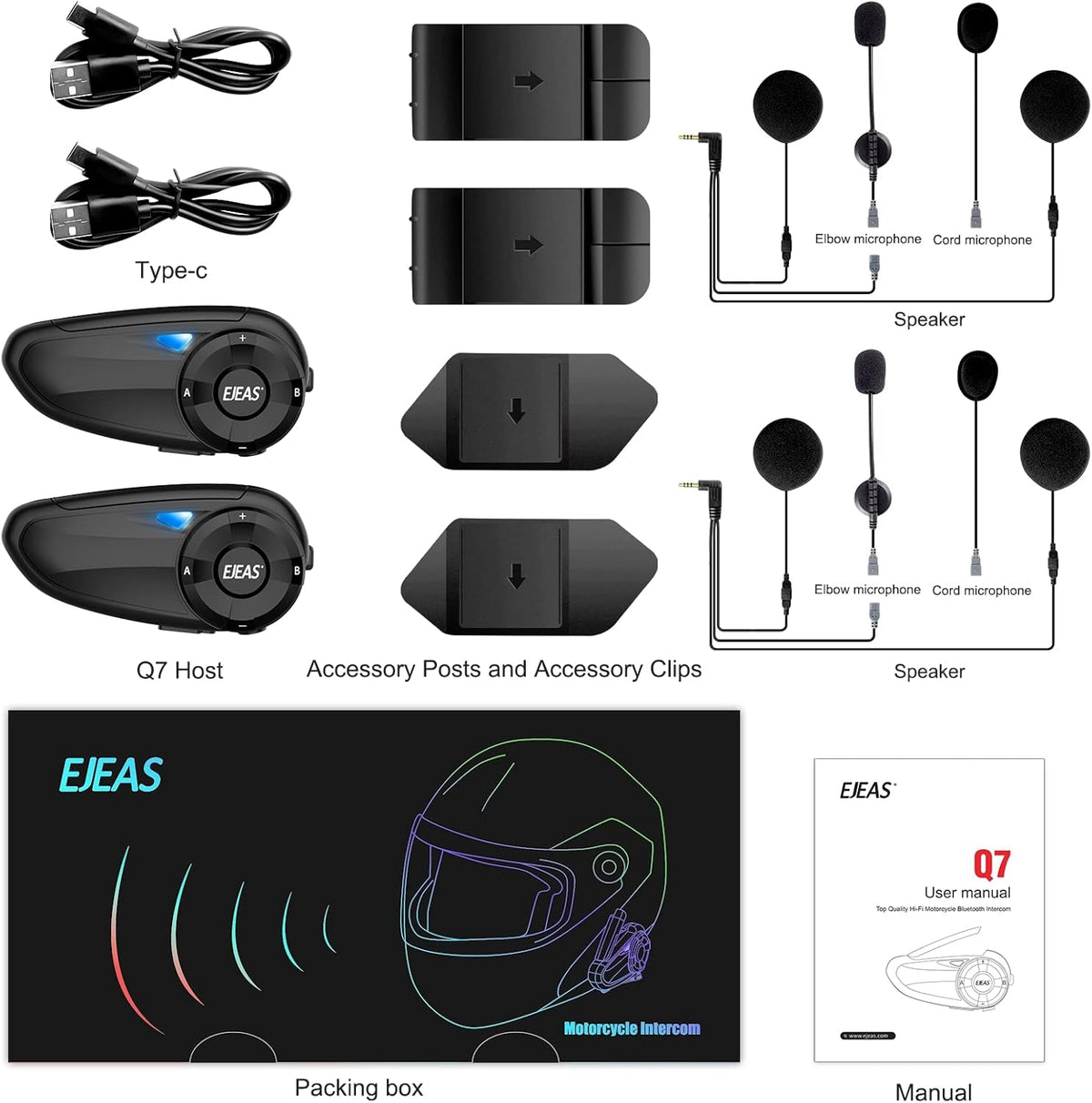 EJEAS Q7 verbeterde helm intercominstallatie, Bluetooth 5.1 intercom communicatiesysteem (2 stuks)