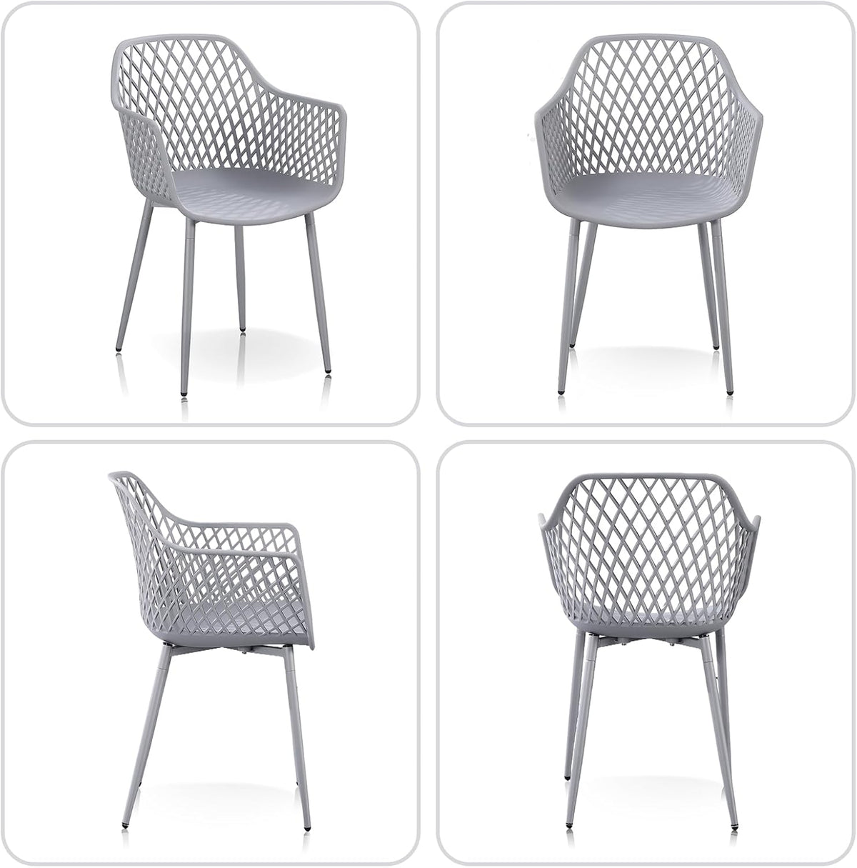 Eetkamerstoelen met armleuningen, uitgehold ruitpatroon, tuinstoelen, set van 4, grijs