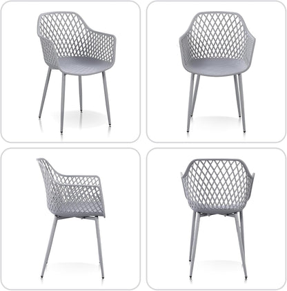 Eetkamerstoelen met armleuningen, uitgehold ruitpatroon, tuinstoelen, set van 4, grijs