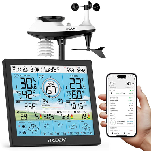 Raddy WF-120P Professioneel Wi-Fi weerstation, app-bediening, 10″ HTN-display, temp. & vocht int./ext., UV & lichtindex, PM2.5 AQI, 5-daagse weersverwachting, 7-in-1 buitensensor boerderij