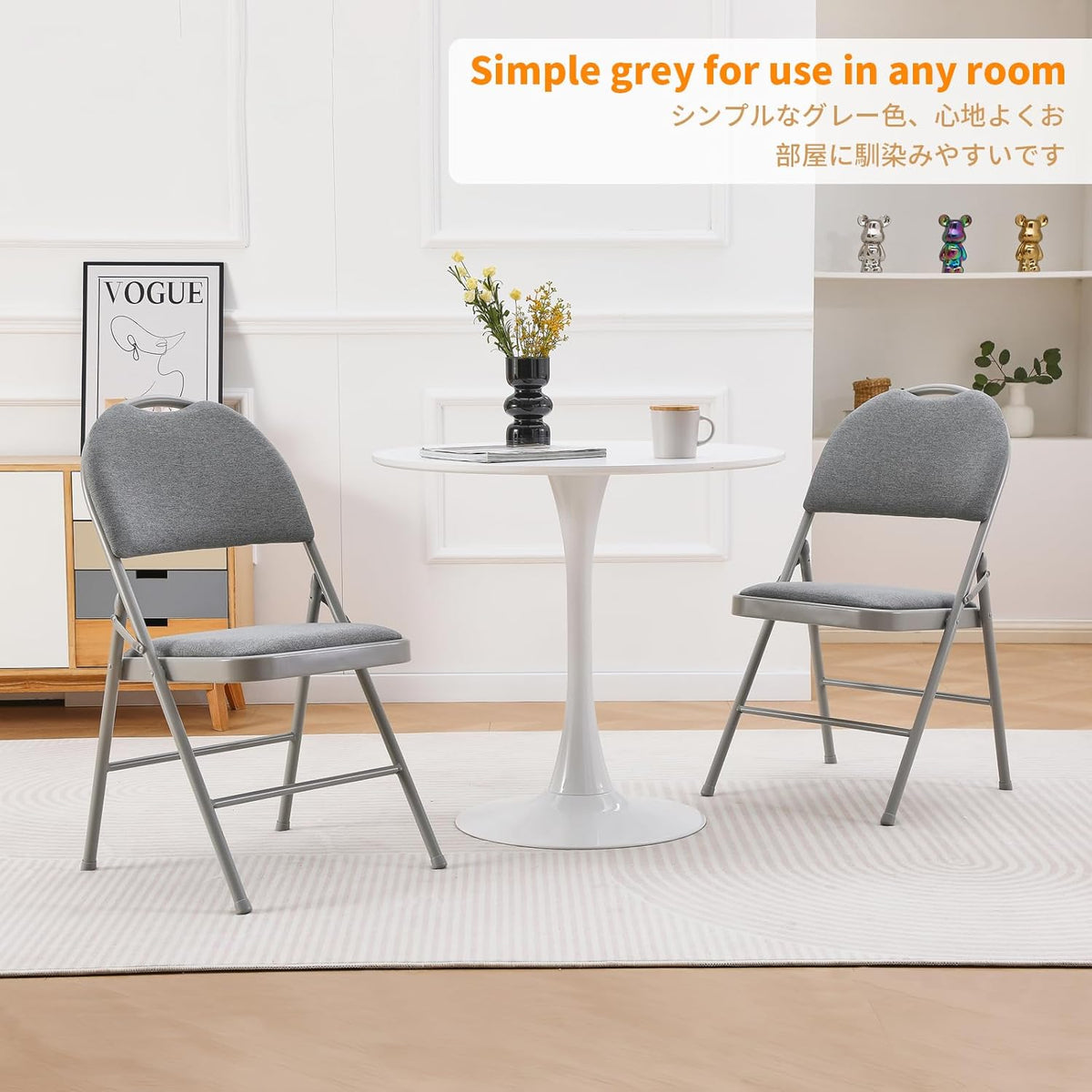 BOOSDEN Klapstoelen, set van 2, beklede klapstoel, grijs, klapstoel met verhoogde rugleuning, stapelstoel, tuinklapstoel, balkonstoel, klapstoelen voor keuken, eetkamer, kantoor, outdoor, balkon
