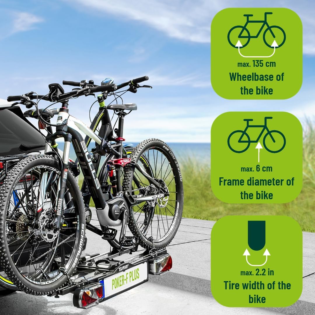 EUFAB 12012LASON Poker-F Plus Fietsendrager, exclusief op Amazon met afsluitbare framehouders, geschikt voor e-bike, compleet voorgemonteerd, voor 2 fietsen, voor trekhaak, zwart