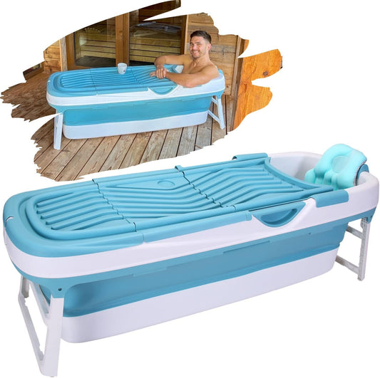 CRS Opvouwbare badkuip voor volwassenen, inklapbaar mobiel bad, ideaal voor kleine badkamers, draagbaar bad om neer te zetten, 158 x 62 x 52 cm, blauw