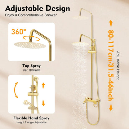 Douchesysteem Roestvrij Staal – Douche Set – Regendouche – Handdouche – Badkamer Paneel – Verstelbare Hoogte 80-117 cm – Gouden Kleur & 360° Draaibare Regendouchekop