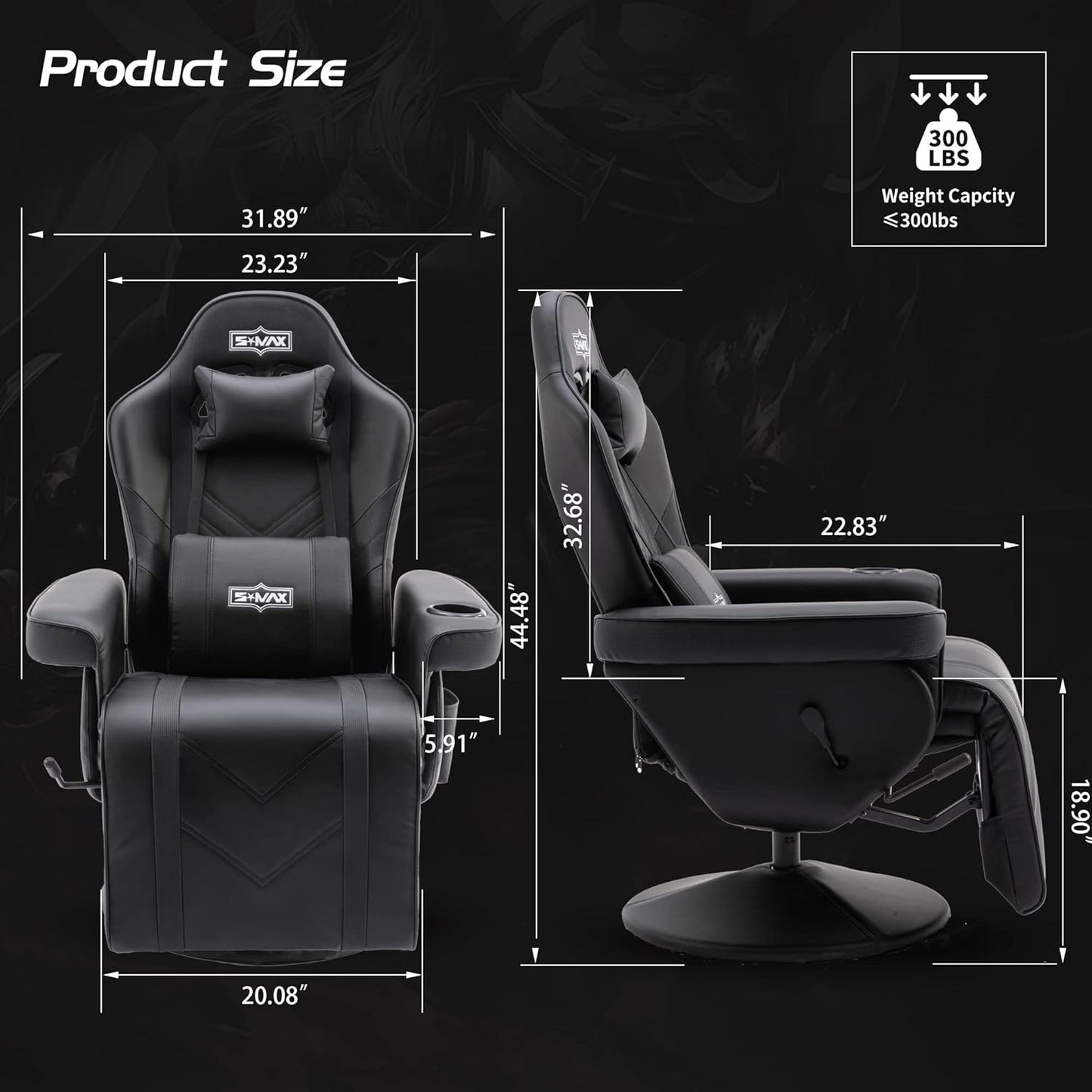 S*MAX Gamingstoel met voetsteun, gamingstoel, hoge rug met verstelbare rugleuning, bekerhouder, zijzak, gamerstoelen voor volwassenen, zwart, extra groot