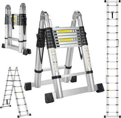 STANEW Telescopische Ladder 5M(2.5+2.5), Telescopische Ladder met 2 Balansbalk, Aluminium Trapladder, Multifunctionele Ladder, 150 kg Belastbaarheid