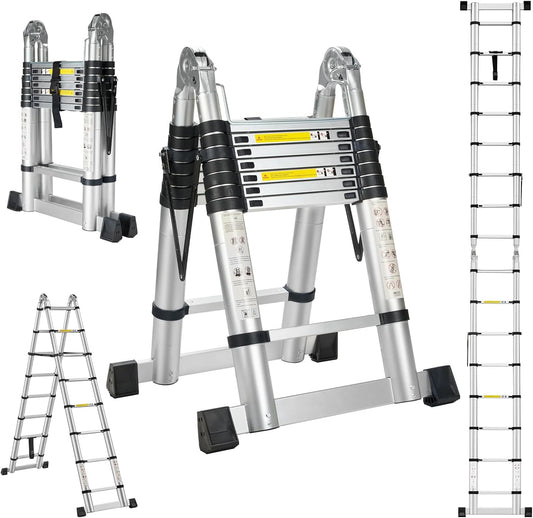STANEW Telescopische Ladder 5M(2.5+2.5), Telescopische Ladder met 2 Balansbalk, Aluminium Trapladder, Multifunctionele Ladder, 150 kg Belastbaarheid