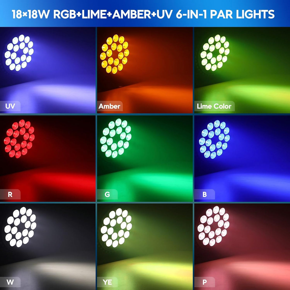 BETOPPER 6-in-1 led-projector, 18 x 18 W, RGB, vijl, amber, UV, scene licht, stroboscoop/wash, podiumverlichting, DMX 7/11CH DJ avondlichtspel, voor feest, bar, bruiloft, festival (1 stuk)