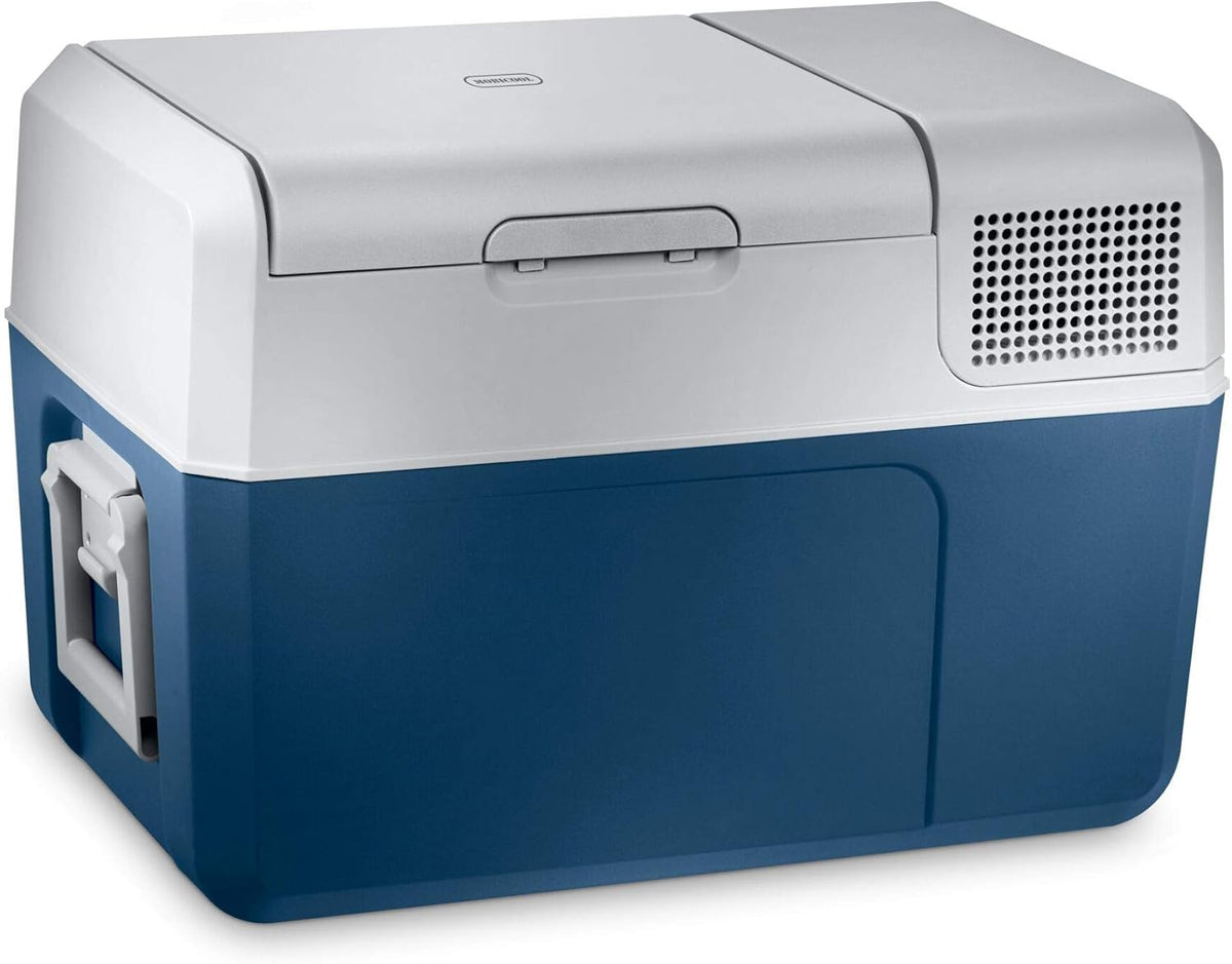 Mobicool MCF60, elektrische compressor-koelbox, 58 l, 12/24/230 V, mini-koelkast voor auto, vrachtwagen, boot, camper en stopcontact, blauw/wit
