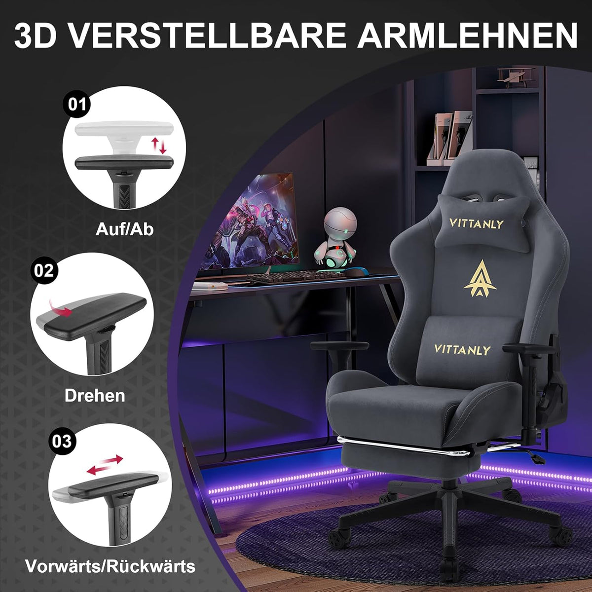 Vittanly Gaming Chair, Luxury Breathable Faux Suede Ergonomic Gaming Chair with Footrest, Headrest and Lumbar Cushion, 3D Armrests, 90-155 Degree Backrest, Grey - QUORE