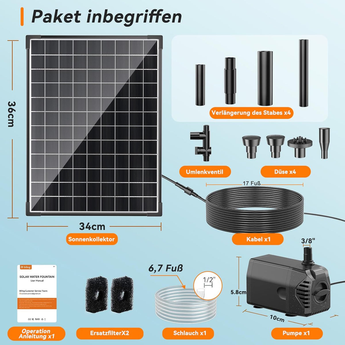 Biling Fontein op zonne-energie, 25 W, 1200 l/u, vijverpomp op zonne-energie met filter, 4 sproeiers, 2 m waterleiding, 5 m kabel, doe-het-zelf waterspel, fontein op zonne-energie voor vijver, tuin