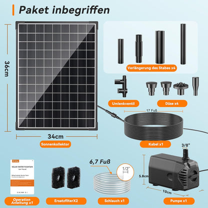 Biling Fontein op zonne-energie, 25 W, 1200 l/u, vijverpomp op zonne-energie met filter, 4 sproeiers, 2 m waterleiding, 5 m kabel, doe-het-zelf waterspel, fontein op zonne-energie voor vijver, tuin