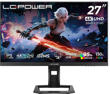 LC-Power Monitor Gaming 27 Pollici, Dual Mode UHD 4K (3840×2160) 160Hz | FHD 320Hz, 1ms OD, Rapid IPS, 130% sRGB, AdaptiveSync, HDR400, HDMI 2.1, DP 1.4, VESA, M27UFD