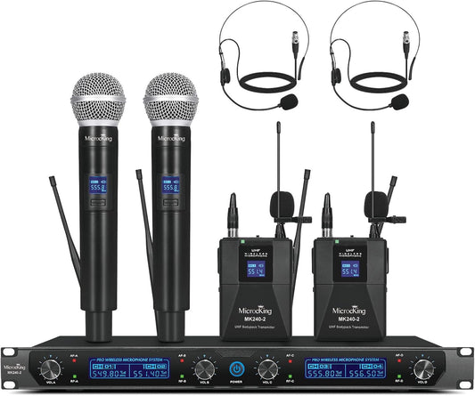 Draadloos microfoonsysteem – Draadloze microfoonset – UHF microfoonset – Karaoke microfoonset – 4-Kanaals Set Met 2 Handmicrofoons, 2 Bodypacks En 2 Headsets – Stabiele Vaste Frequentie – Metalen Behuizing