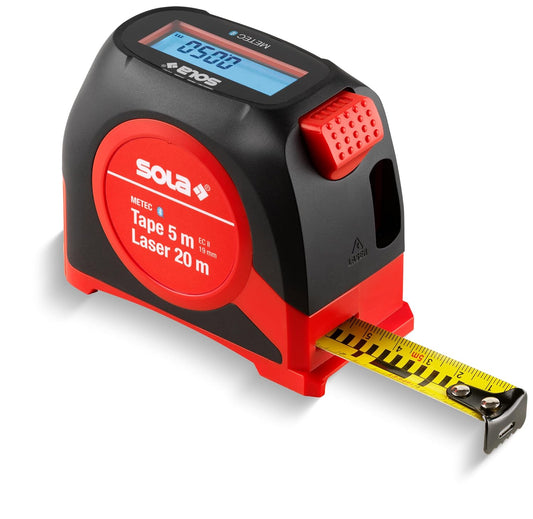 SOLA Metec – 2 in 1: digitaal meetlint (5 m) en afstandsmeter (20 m) – rolbandmaat digitaal met lcd-display en 7 meetfuncties – overdracht van de meetwaarden naar smartphone-app