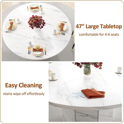 HSH Ronde eettafel voor 4-6 personen, alleen witte faux marmeren eettafel, moderne cirkel keukentafel voor thuis woonkamer, industriële houten eettafel met achthoekige basis, wit marmer, 120 cm - QUORE