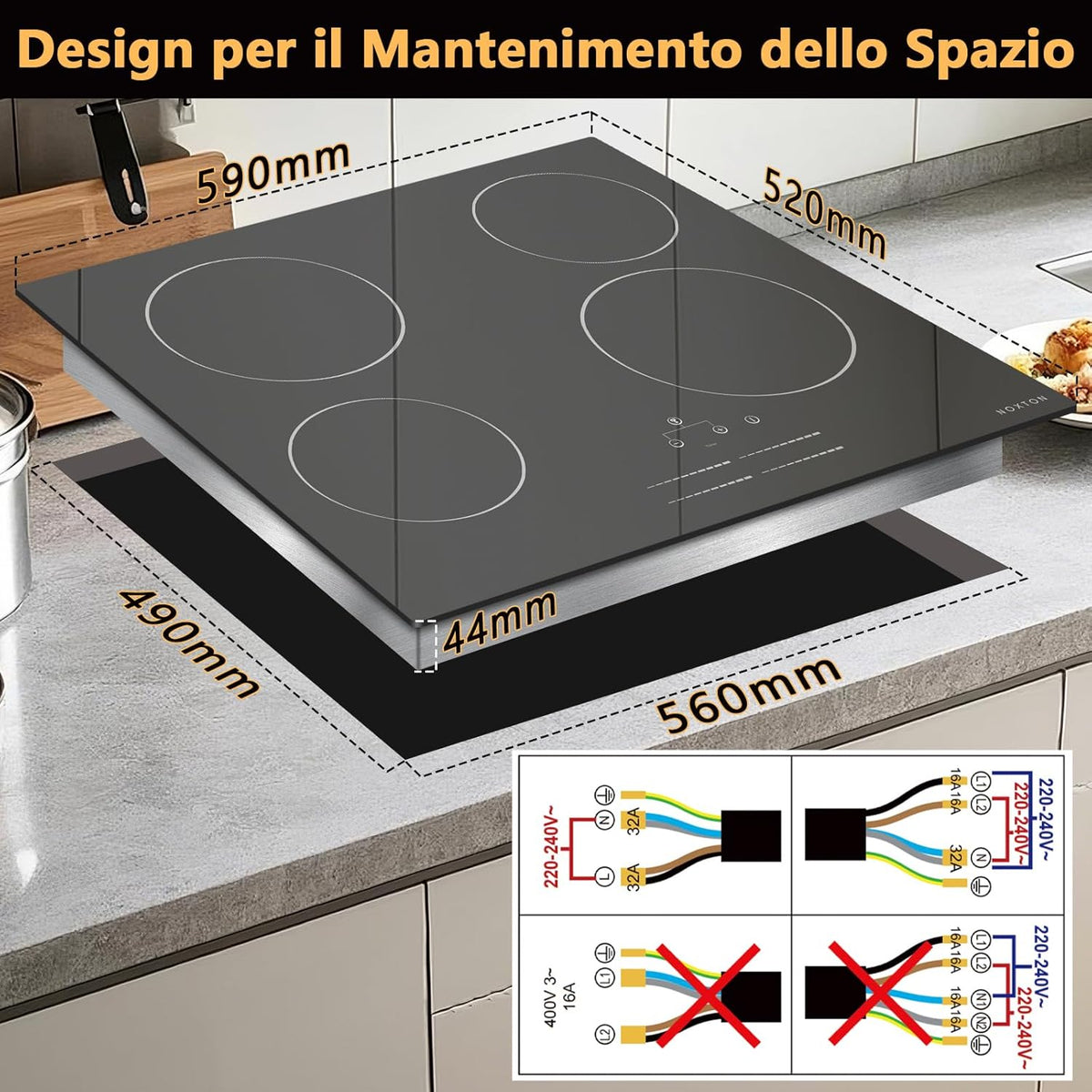 NOXTON keramische kookplaat 4 platen met lichtstrook-schuifregelaar, glaskeramische kookplaat 60 cm inbouw met touchbediening, kinderslot, geschikt voor alle pannen, 220V-240V, 6000W, geen stekker