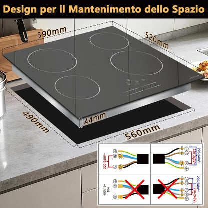 NOXTON keramische kookplaat 4 platen met lichtstrook-schuifregelaar, glaskeramische kookplaat 60 cm inbouw met touchbediening, kinderslot, geschikt voor alle pannen, 220V-240V, 6000W, geen stekker