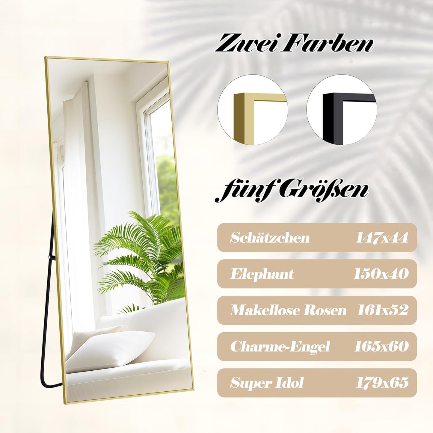 Rechthoekige full-body spiegel, 192 x 85 cm staande spiegel met gouden aluminium frame, grote wandspiegel vloerspiegel voor slaapkamer, entree, hal, woondecoratie