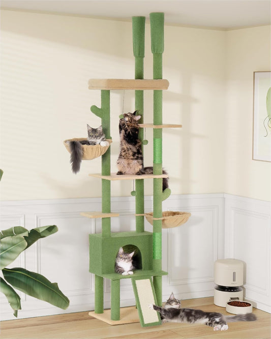 Krabpaal – Kattenboom – Kattenhuis – Krabmeubel – Kattenmand – Verstelbare Hoogte 220-274 cm – Stabiel Cactus Design met Hangmat