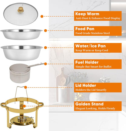4 stuks gouden ronde schaafschalen voor buffet, 5 QT buffetwarmer-voedselserver met doorzichtig deksel en serveergerei roestvrijstalen voedselverwarmers voor feesten, bruiloften