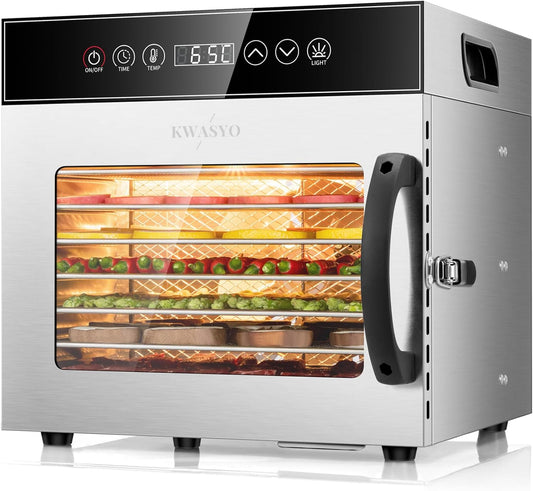 Kwasyo Voedseldroger, roestvrij staal, 600 W, met 8 etages, professioneel droogapparaat en voedseldroger, digitale timer, temperatuurregeling, oververhittingsbeveiliging, receptenboek inbegrepen