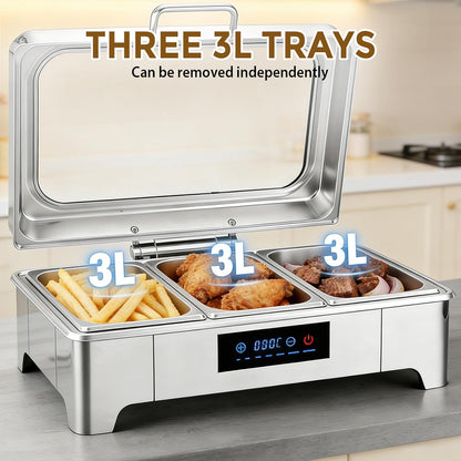 Maaltijd Chafing Dish, 9L roestvrij staal voedselwarmer met zichtbaar glazen deksel, 3 stuks roestvrij stalen warmhoudbakken voor feesten, bruiloften, buffet en feestjes (3 sets 1/3+1/3+1/3 GN