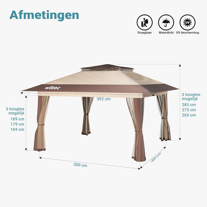 Wiltec opvouwbaar paviljoen partytent met muggennet tuinpaviljoen beige 4 x 4 m