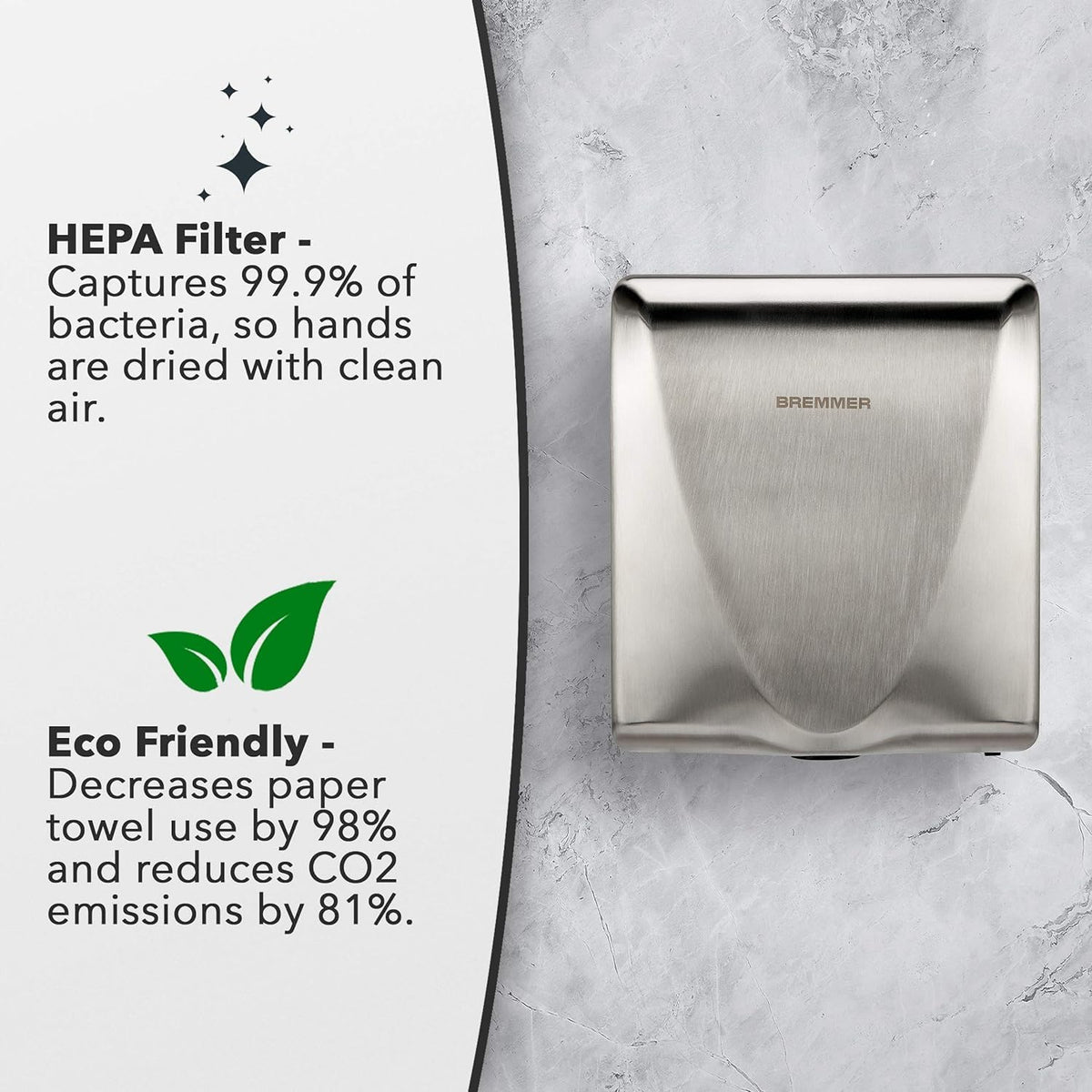 Bremmer Blade | Powerful, Modern & Ultra Thin Eco Friendly Hand Dryer with Hygienic HEPA Filtration | Hand Dryers for Toilets Commercial | Electric Hand Dryer | Wall Hand Dryer