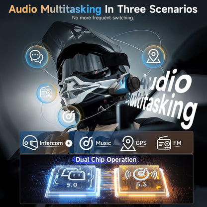 Moman Motorfiets Intercom, H2E Eagle-Like Helm Headset Communicatie Systeem met Dual Chip voor Audio Multitasking HiFi/Muziek delen/FM/AI Voice (2Pack), Motorfiets-Intercom-Helm-Headset-Hoofdtelefoon
