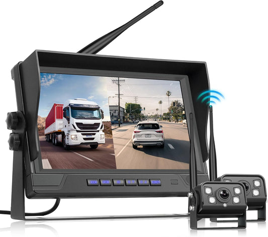 Wireless Digital Rear View Camera, 2 Camera Set with 9 Inch IPS Monitor, IP68 Waterproof Rear View Camera, Night Vision, Image Rotation, BSD, Loop Video, for Truck, Trailer, RV, Bus, - QUORE