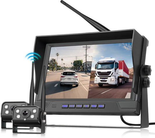 Draadloze digitale achteruitrijcamera, 2 cameraset met 9 inch IPS-monitor, IP68 waterdichte achteruitrijcamera, nachtzicht, beeldrotatie, BSD, loop-video, voor vrachtwagen, aanhanger, camper, bus,