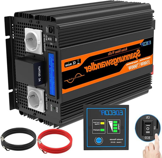 Omvormer 12V naar 230V – Spanningsomvormer – Stroomomzetter – DC naar AC Converter – Inverter – Pure Sinusgolf Technologie – 3500 Watt Continu Vermogen – Afstandsbediening en LCD Display - QUORE