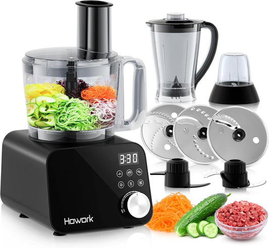 Howork Food Processor 1500 W, grote inhoud, multifunctioneel, voor het hakken, snijden, malen, smoothies, vullen en deeg, roostervrij staal, zwart