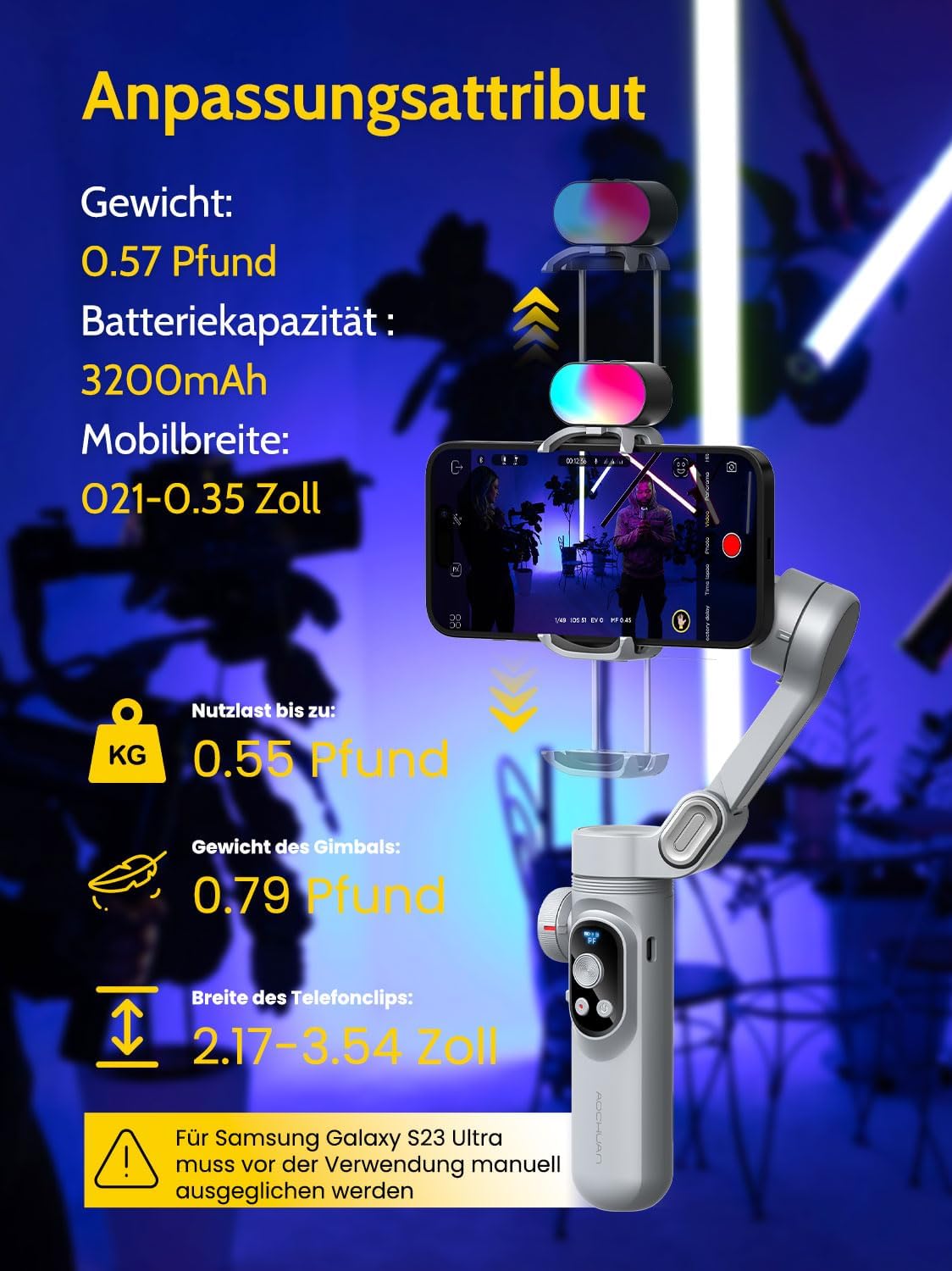 Gimbal Stabilizer voor Smartphone, RGB Magnetische Refill Light Set, OLED Display LED Licht Focus Wiel, Professionele 3-assige stabilisator voor Android &iPhone, AOCHUAN XPRO KIT Grijs
