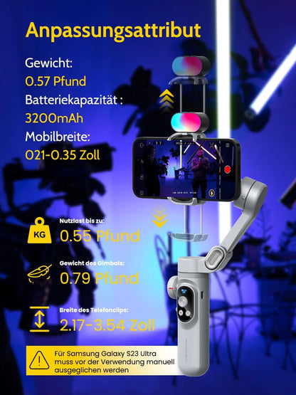 Gimbal Stabilizer voor Smartphone, RGB Magnetische Refill Light Set, OLED Display LED Licht Focus Wiel, Professionele 3-assige stabilisator voor Android &iPhone, AOCHUAN XPRO KIT Grijs